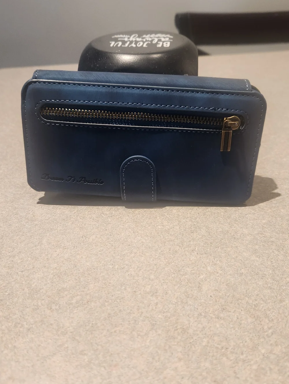 Universal Blue Leather Wallet Phone Case with Gold Ring Holder For IP17